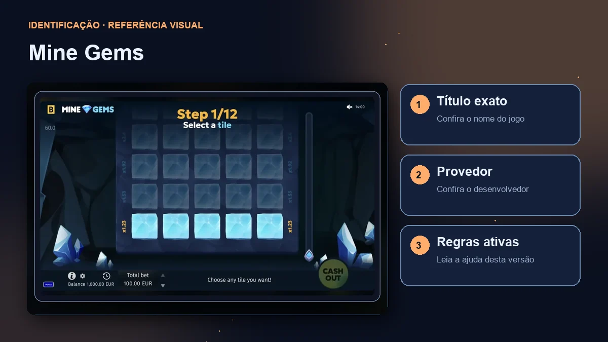 Mine Gems: interface com verificações de título, provedor e regras.