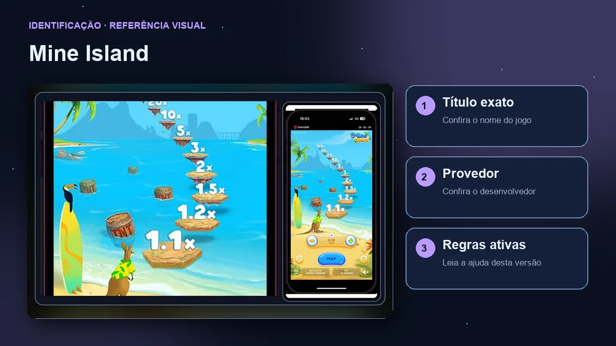 Mine Island: interface com verificações de título, provedor e regras.