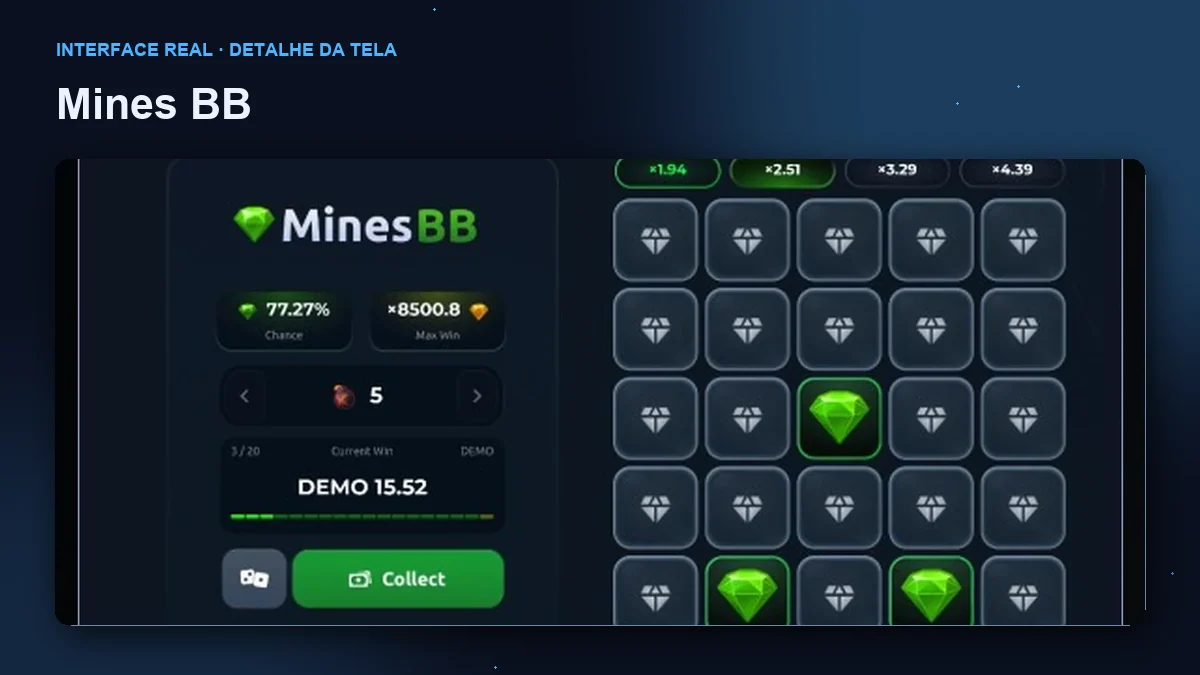 Mines BB: detalhe ampliado da interface do jogo.