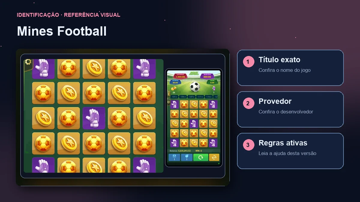 Mines Football: interface com verificações de título, provedor e regras.