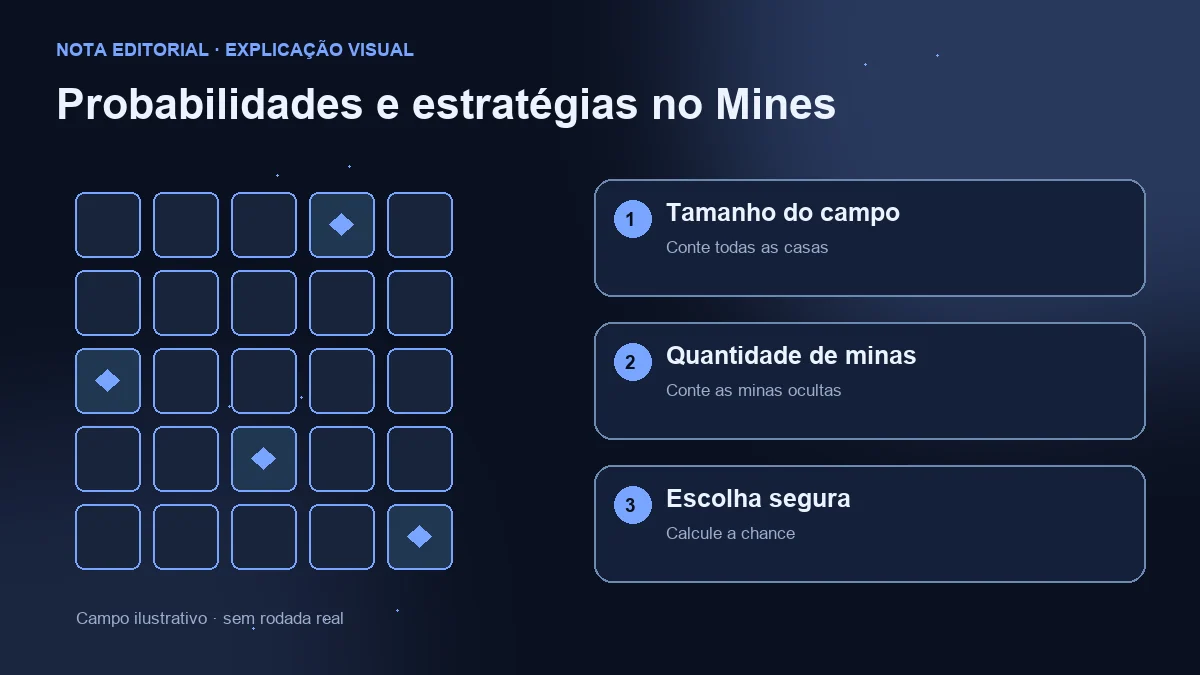 Campo ilustrativo e três verificações: tamanho do campo, minas e chance de escolha segura.
