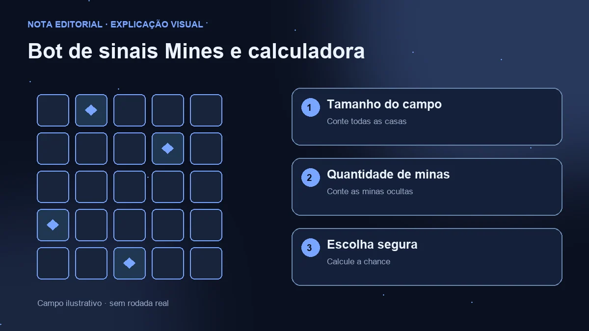 Campo ilustrativo e três verificações: tamanho do campo, minas e chance de escolha segura.