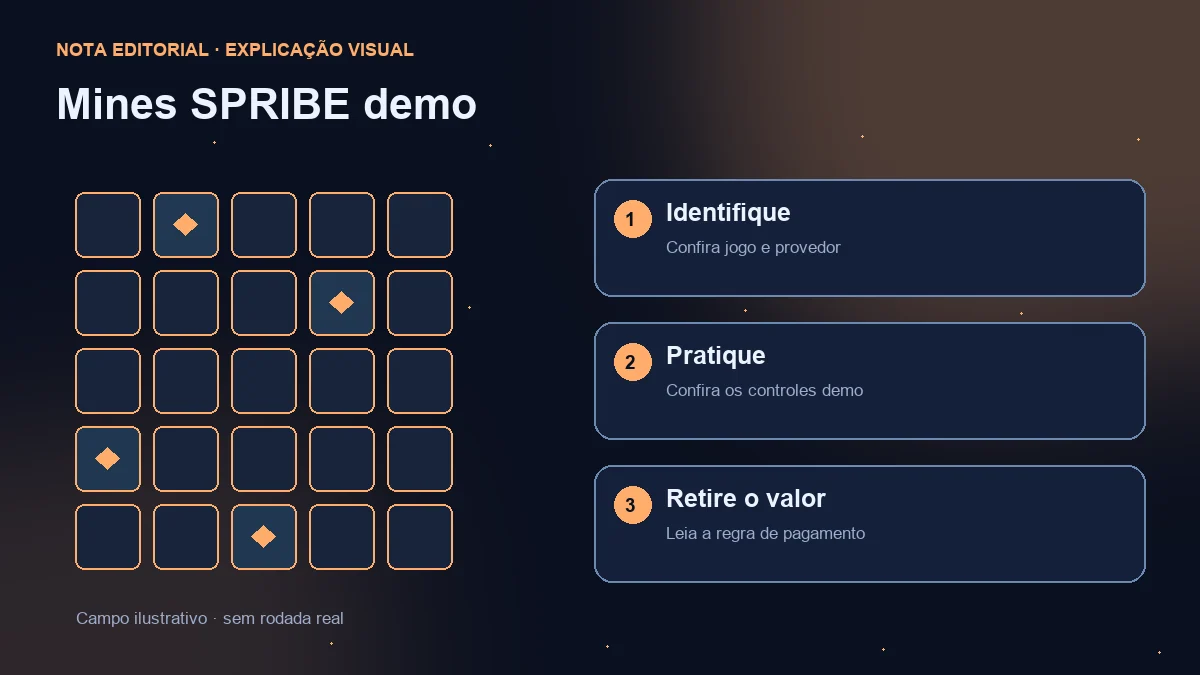 Campo ilustrativo e três verificações: identificação do jogo, controles demo e regras de retirada.
