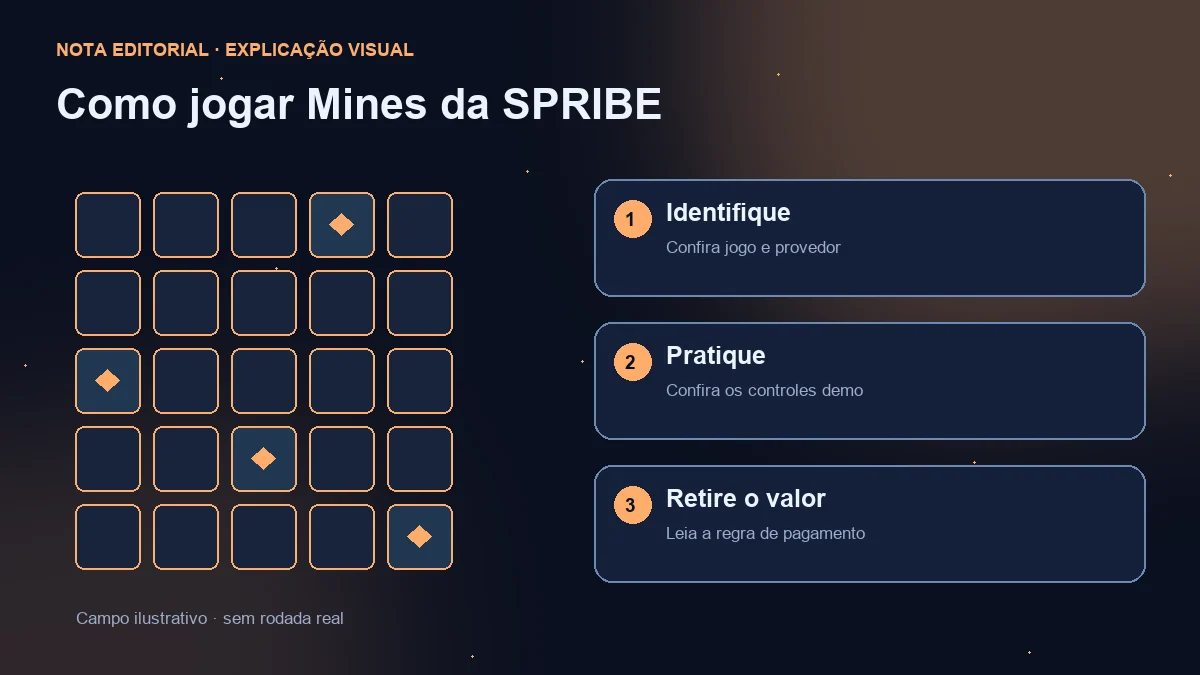 Campo ilustrativo e três verificações: identificação do jogo, controles demo e regras de retirada.