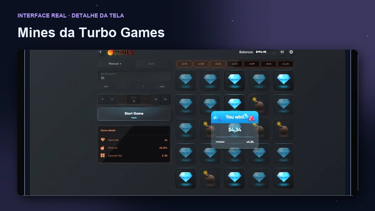 Mines da Turbo Games: detalhe ampliado da interface do jogo.