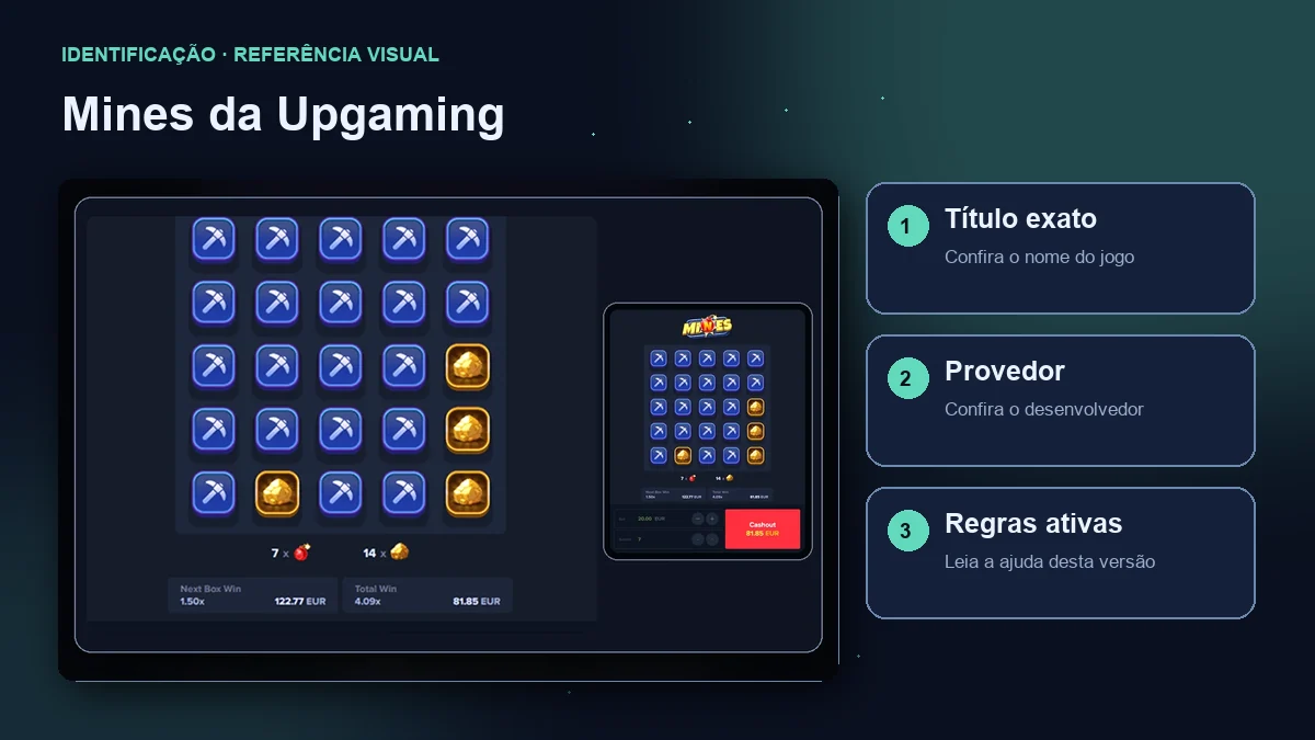 Mines da Upgaming: interface com verificações de título, provedor e regras.