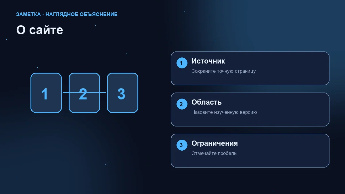 Схема из трёх шагов: точный источник, изученная версия и границы доказательств.
