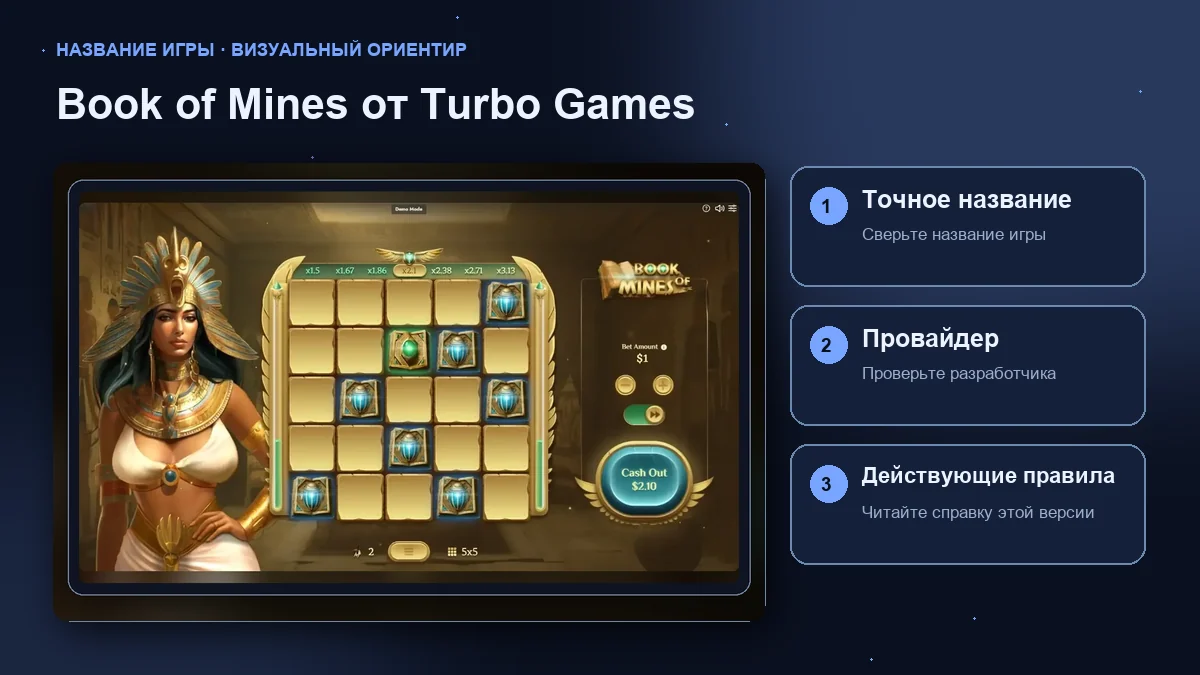 Book of Mines от Turbo Games: интерфейс рядом с проверками названия, провайдера и правил.