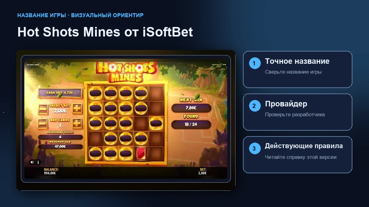 Hot Shots Mines от iSoftBet: интерфейс рядом с проверками названия, провайдера и правил.