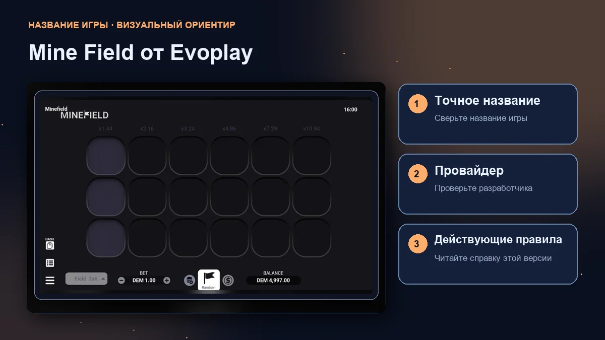 Mine Field от Evoplay: интерфейс рядом с проверками названия, провайдера и правил.