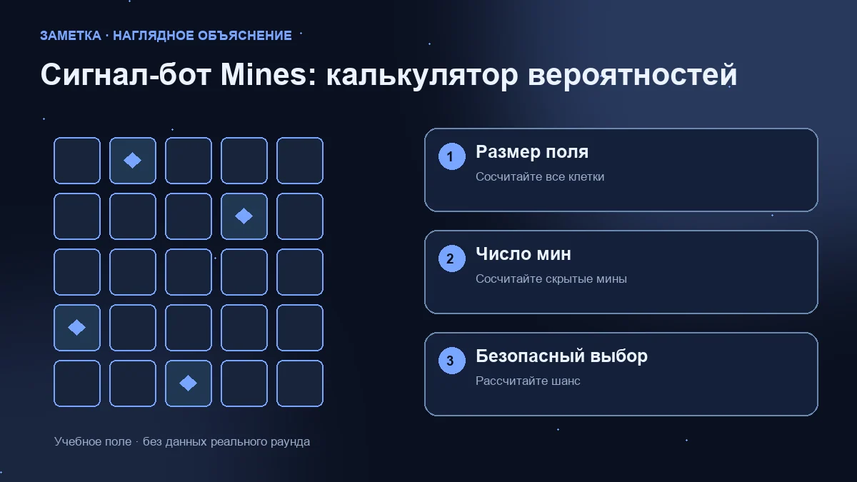 Учебная сетка и три проверки: размер поля, число мин и вероятность безопасного выбора.
