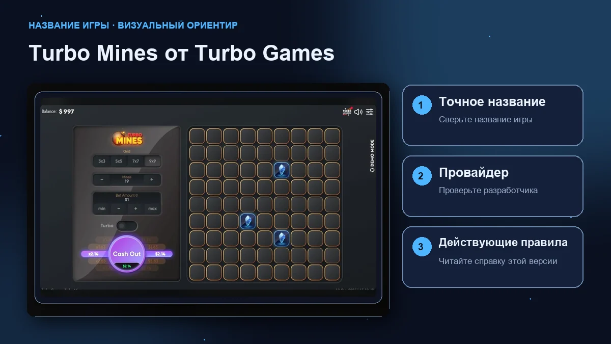 Turbo Mines от Turbo Games: интерфейс рядом с проверками названия, провайдера и правил.